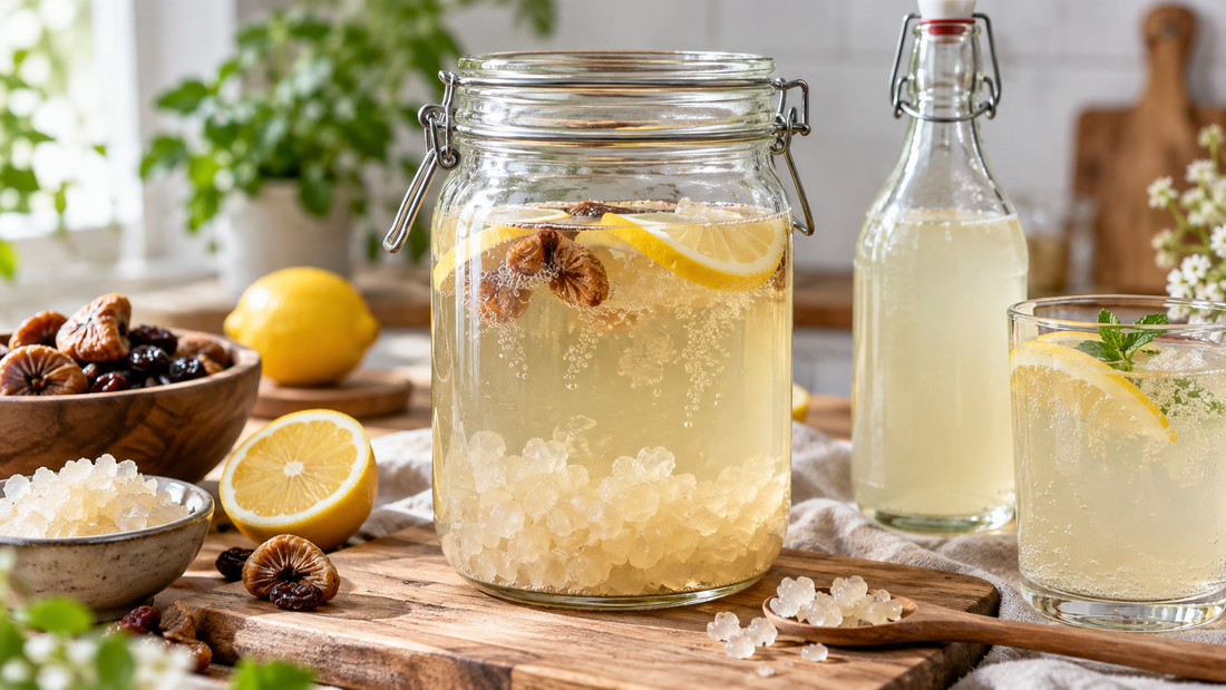 jar with water, kefir grains and dates