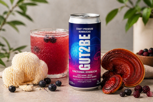 A can of functional beverage kombucha with lions mane and reishi