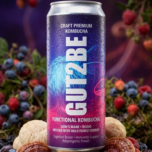 gut2be kombucha with lions mane, reishi and gorest fruits in a can surrounded by fruits