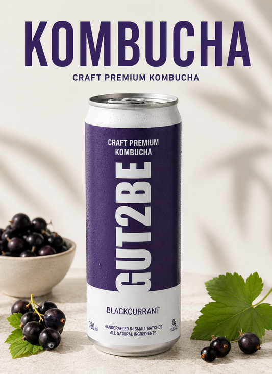 a can of kombucha drink flavoured with blackcurrent produced in Bulgaria