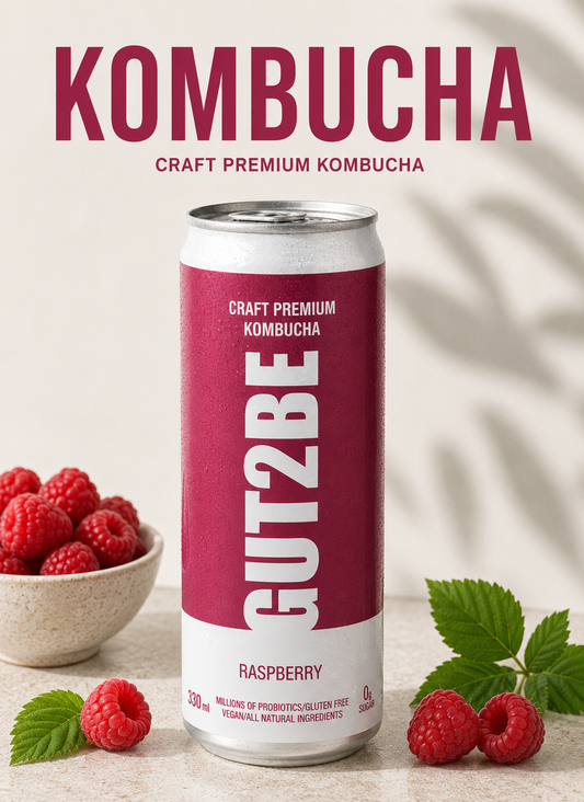 A can of kombucha drink with raspberry flavour