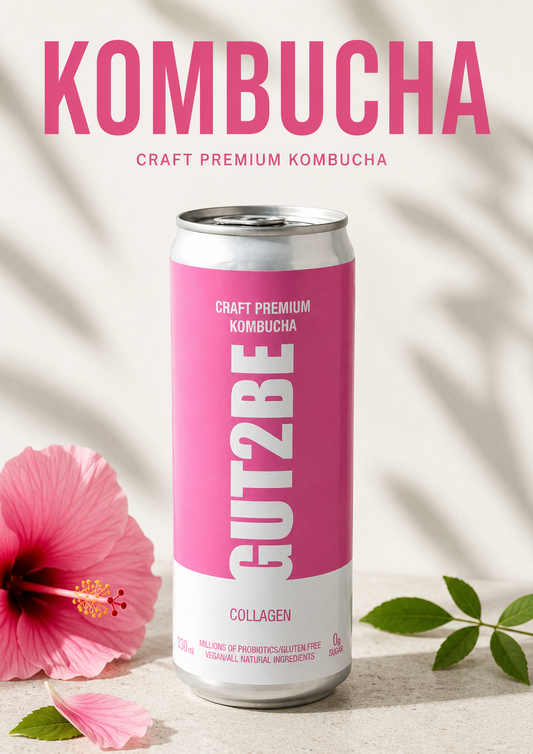 a can of kombucha drink for glowy skin with marine collagen 