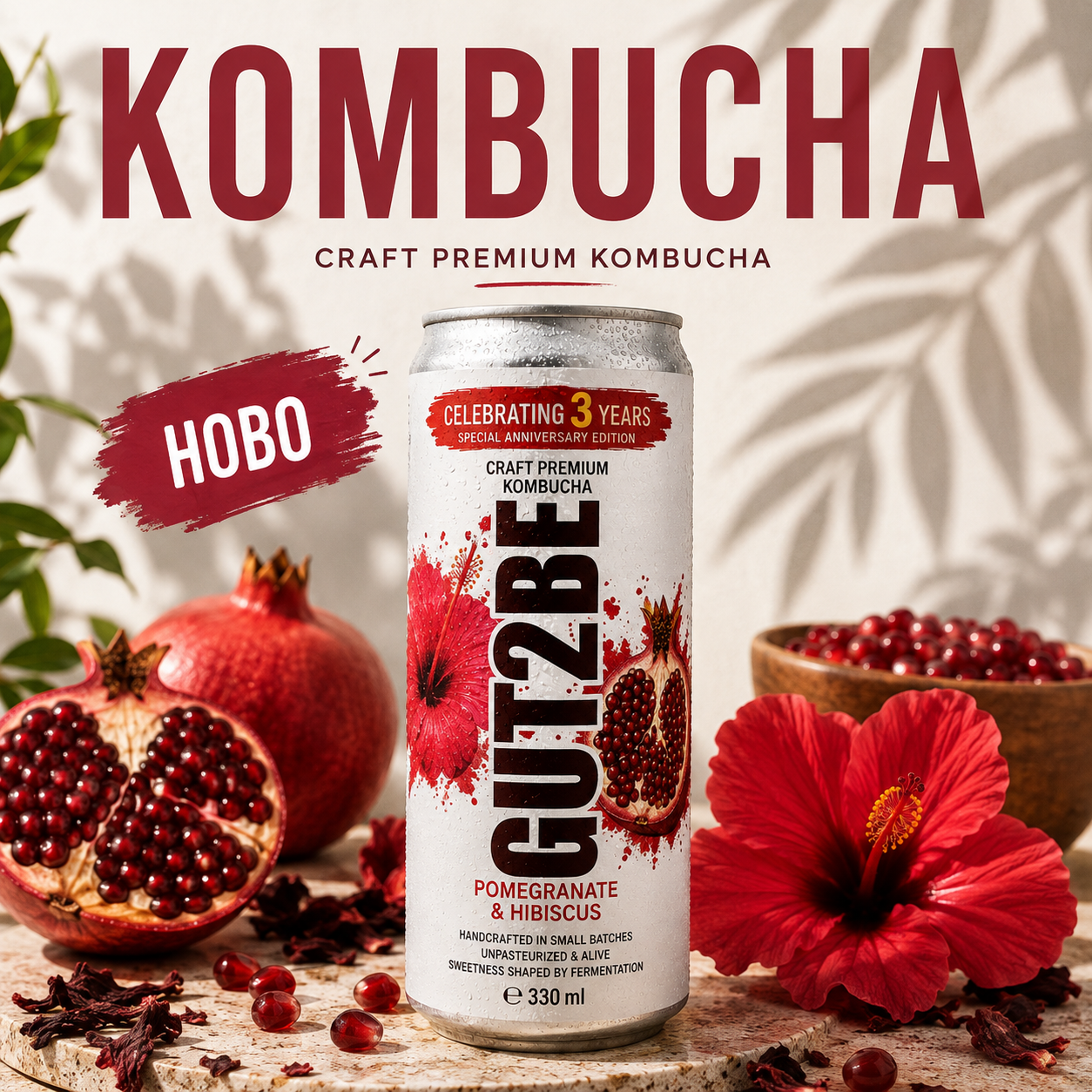 can with kombucha with pomegranate and hibiscus