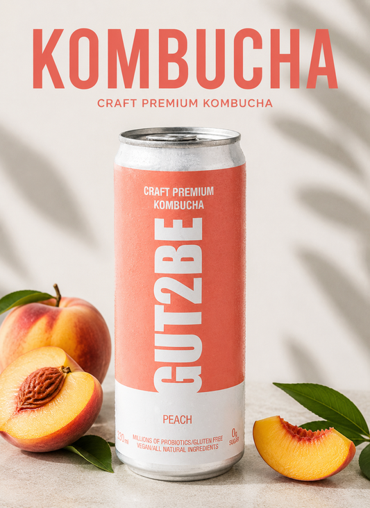 a can of kombcha drink flavoured with dried peaches