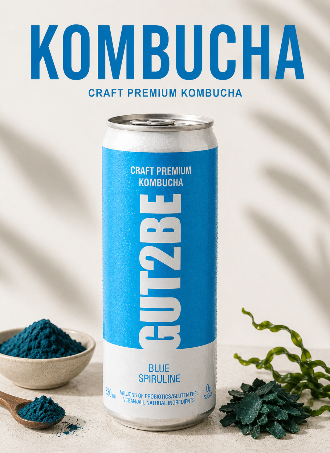 blue can with kombucha drink flavoured with blue spirulina from the sea bottom