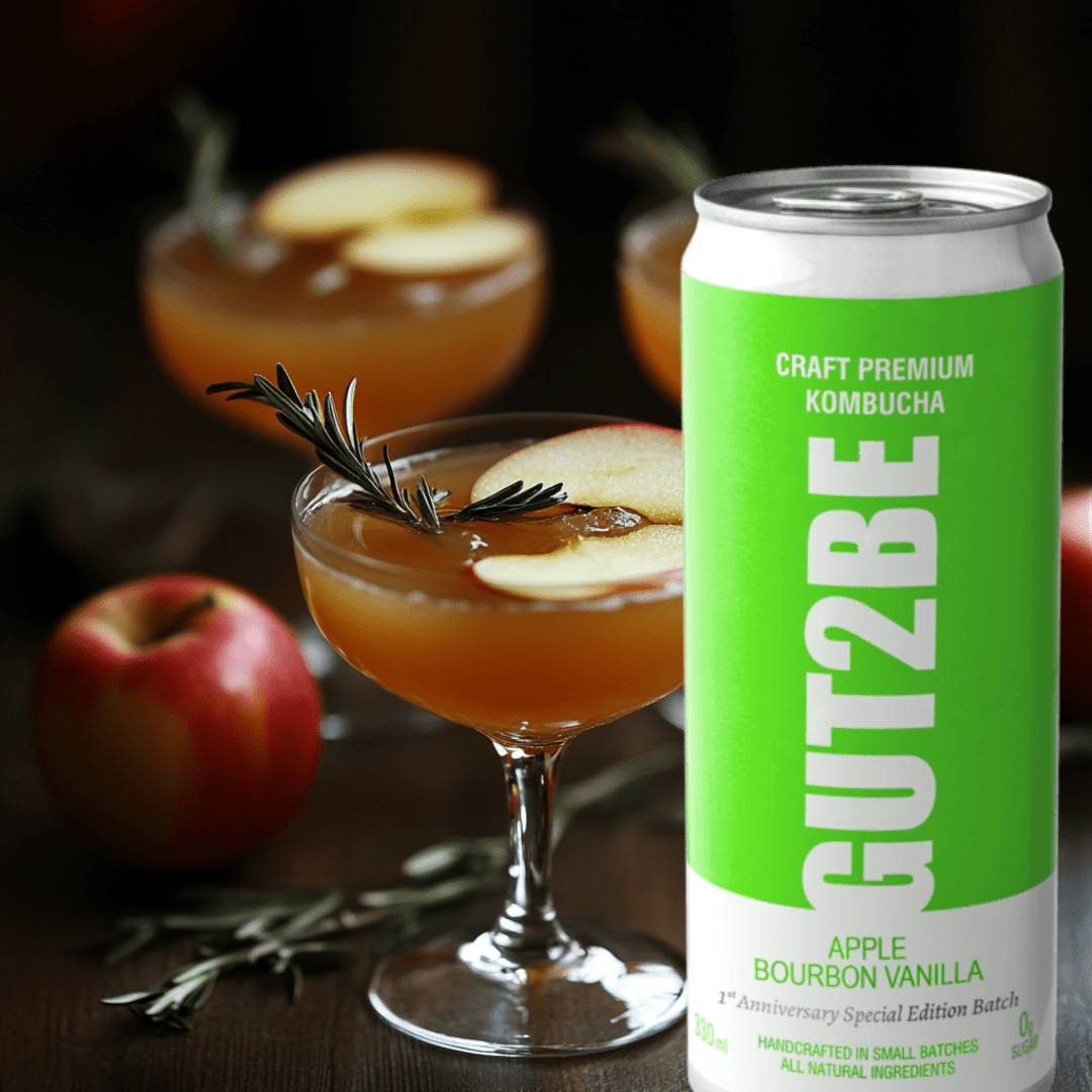 12 броя комбуча GUT2BE с вкус на ябълка и бурбонска ванилия – натурална пробиотична напитка без глутен