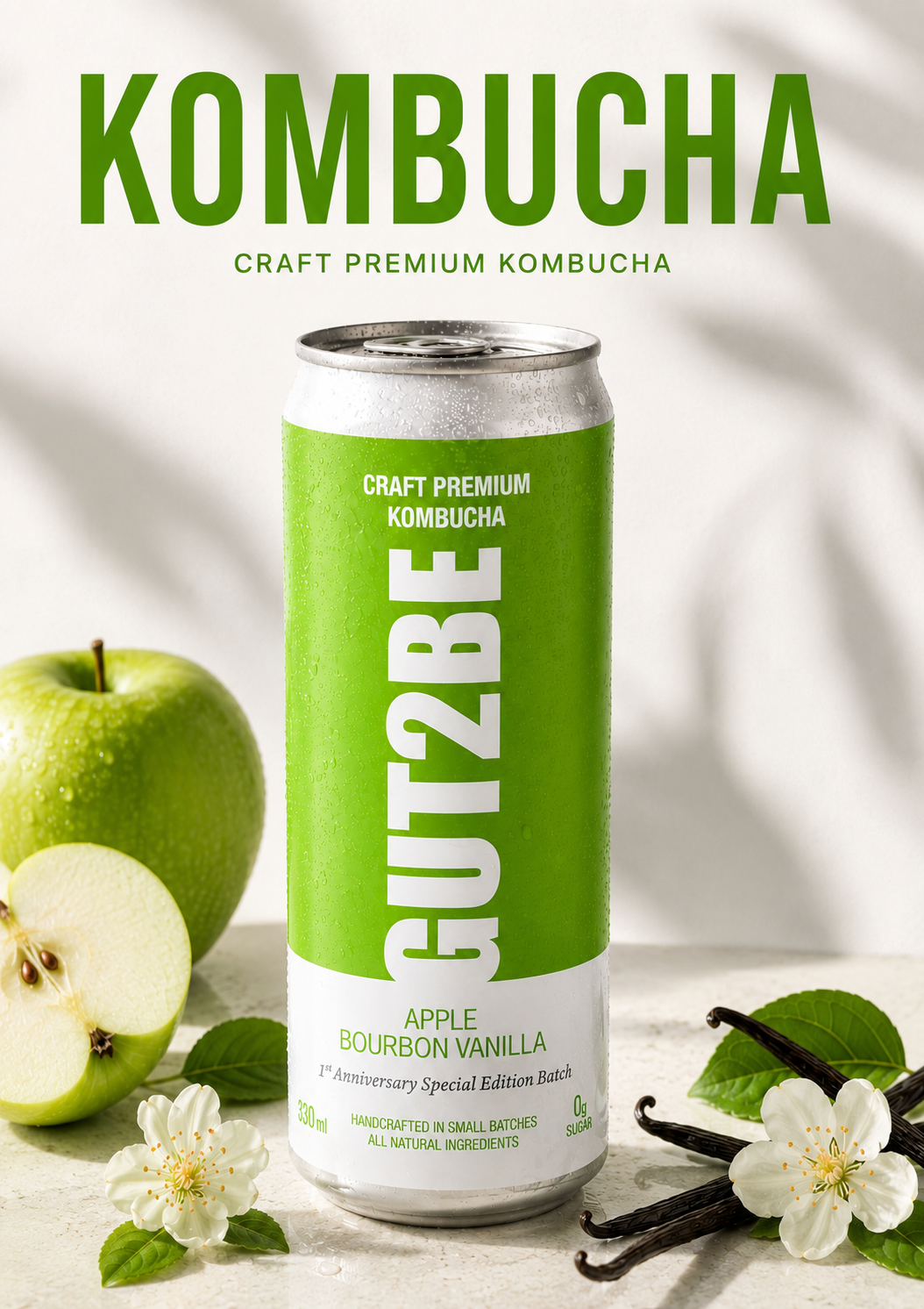 green can with kombucha drink flavoured with green apple and bourbon vanilla